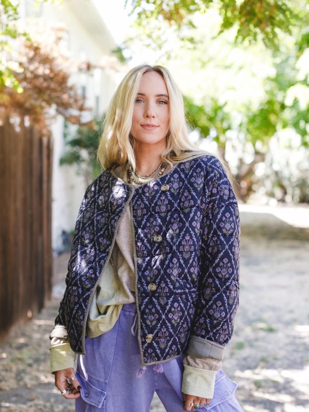 In Bloom Navy and Lavender Quilted Bomber Jacket